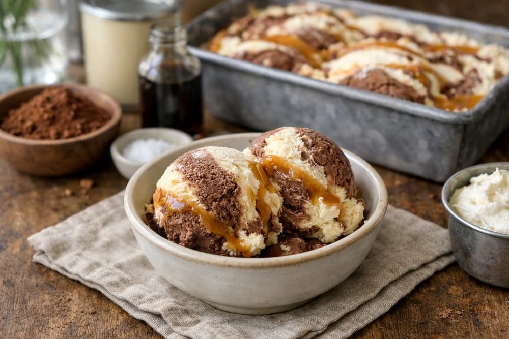 Two scoops of vanilla and chocolate ice cream with caramel ribbons in a bowl, a loaf pan of the same ice cream behind