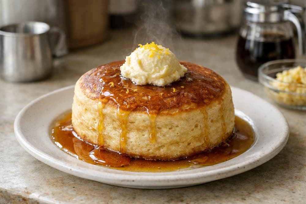 One thick, tall golden pancake topped with whipped honey butter and lemon zest, with amber syrup pooling on the plate