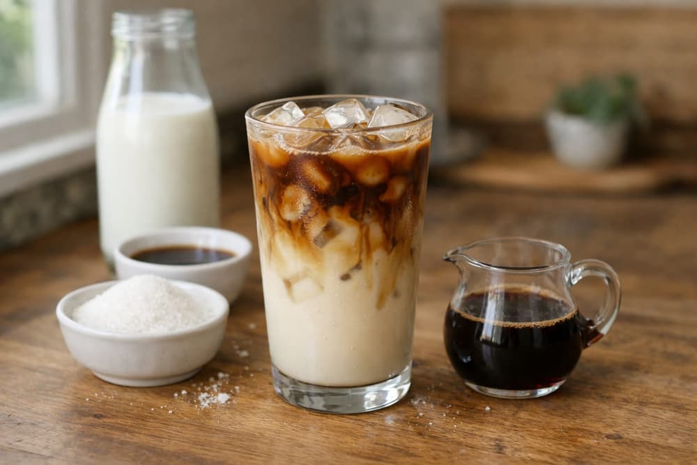 A glass of iced Dunkalatte, espresso swirling into pale coffee milk over ice, a small jug of coffee syrup beside it
