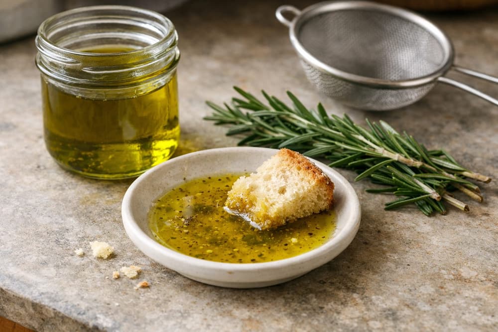 A jar of rosemary infused olive oil with fresh rosemary sprigs, a sieve and a dish of oil with a piece of bread