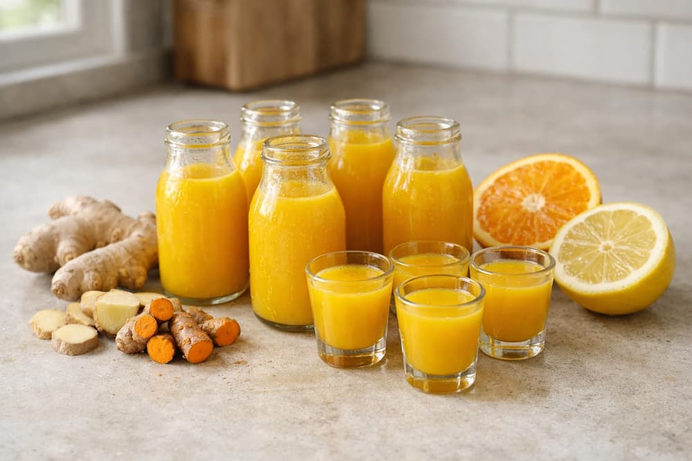 Small bottles and shot glasses of orange-yellow ginger turmeric juice with fresh ginger, turmeric, an orange and a lemon