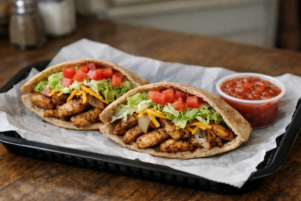 Two whole grain pita halves filled with seasoned chicken, onions, cheddar, lettuce and tomato, a cup of salsa beside them