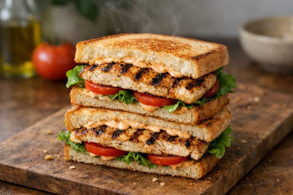 A grilled chicken sandwich on toasted sourdough with lettuce, tomato and a pale orange sauce, cut in half and stacked