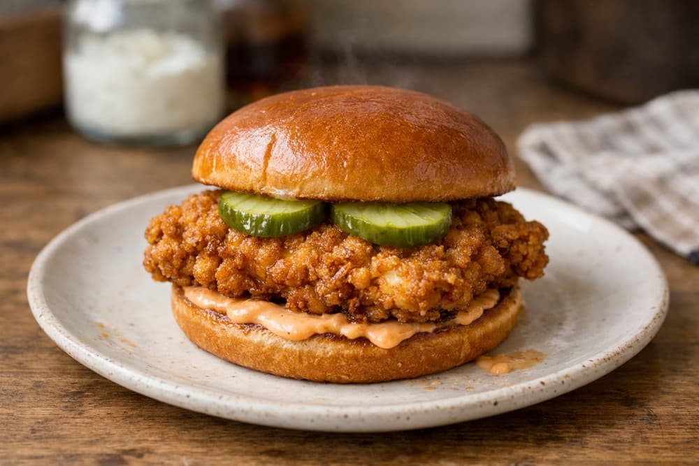 A fried chicken sandwich with a thick crispy fillet, two pickle chips and a pale orange sauce on a toasted brioche bun