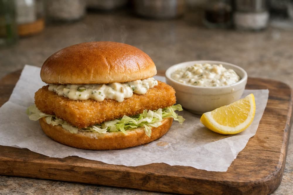 A panko-breaded fish fillet with lettuce and tartar sauce on a toasted bun, beside a bowl of tartar sauce and a lemon wedge