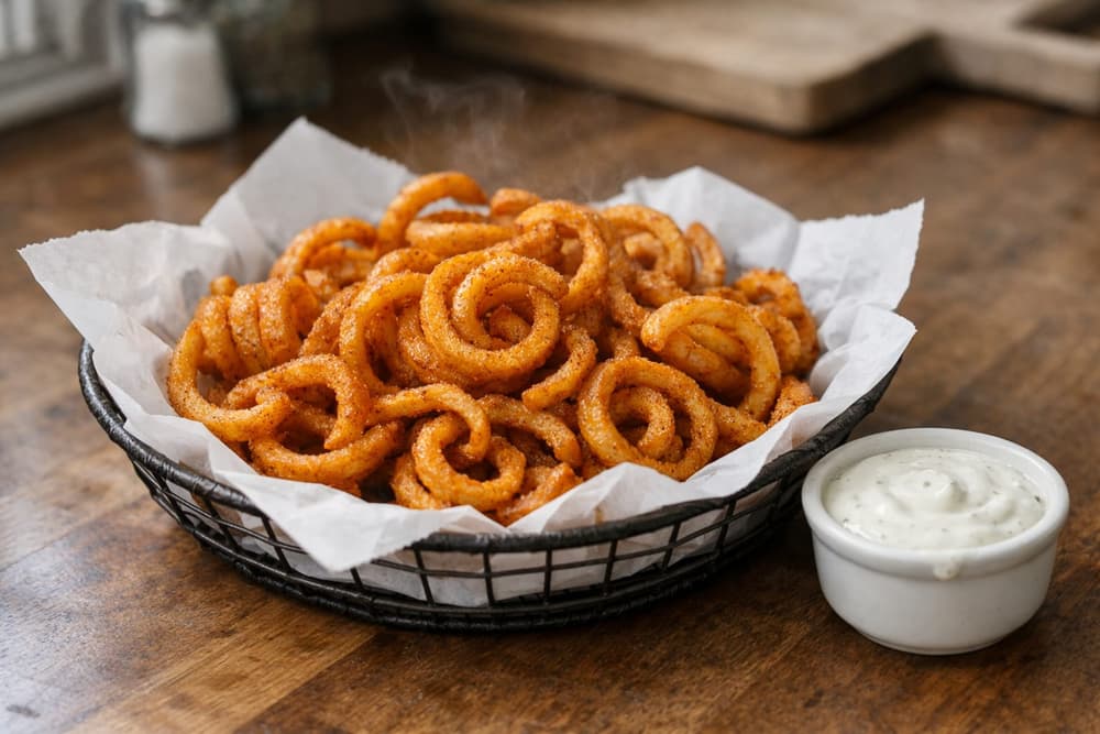 A paper-lined basket of seasoned curly fries with an orange-brown coating, a small cup of ranch dip beside it