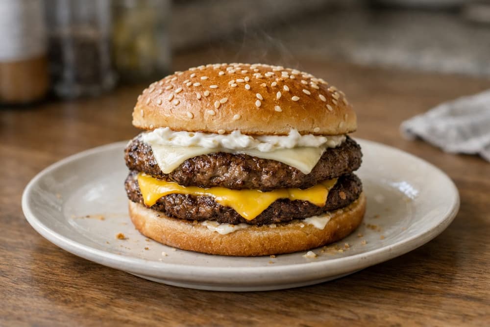 A double cheeseburger on a sesame seed bun with two beef patties, American cheese, Swiss cheese and mayo-onion sauce