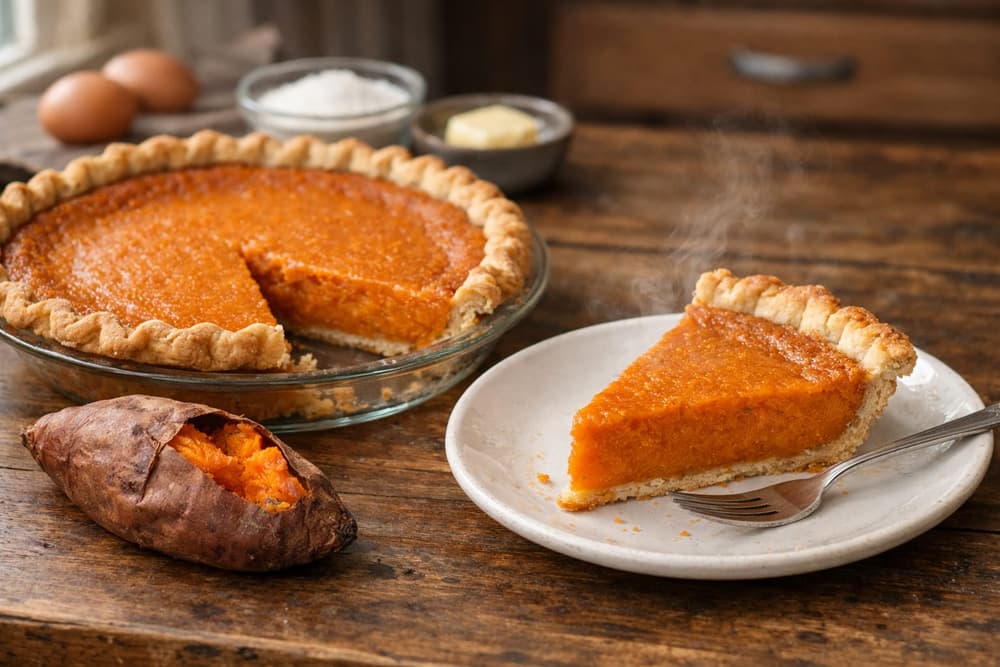 A sweet potato pie with a crimped crust and one slice on a plate, a roasted sweet potato beside the pie dish