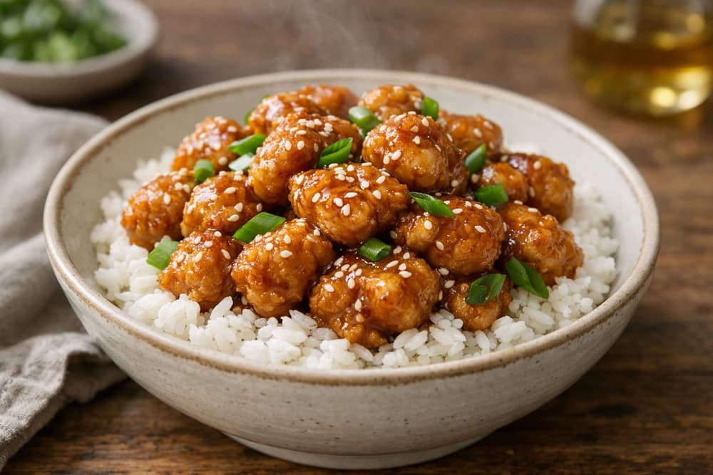 Lightly breaded chicken bites in a glossy honey garlic sauce over white rice, with sesame seeds and sliced scallions