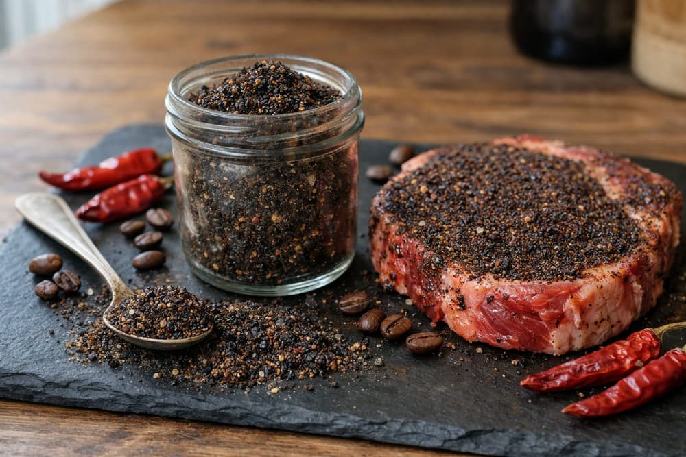 A jar of dark coffee and black salt rub beside a raw ribeye steak coated with it, coffee beans and dried chiles around