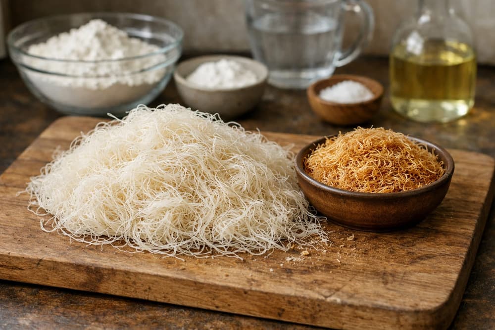 A pile of raw kataifi, very fine pale pastry threads, on a wooden board beside a bowl of kataifi toasted golden brown