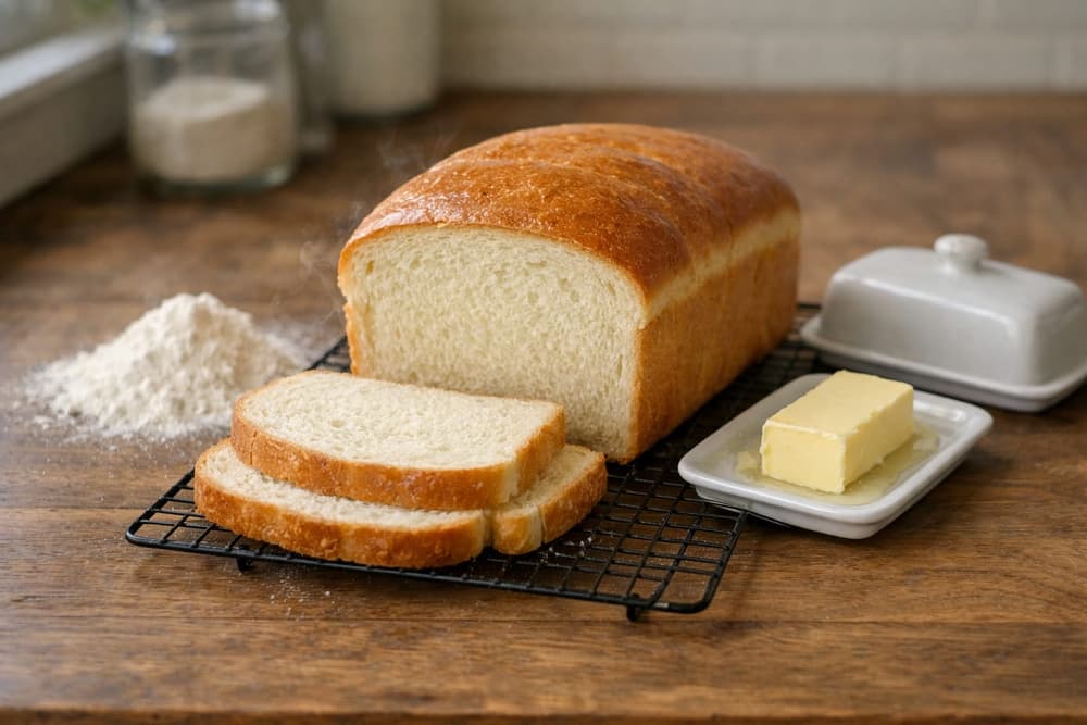 A white sandwich loaf on a rack with three slices cut to show the soft crumb, flour and a butter dish beside it