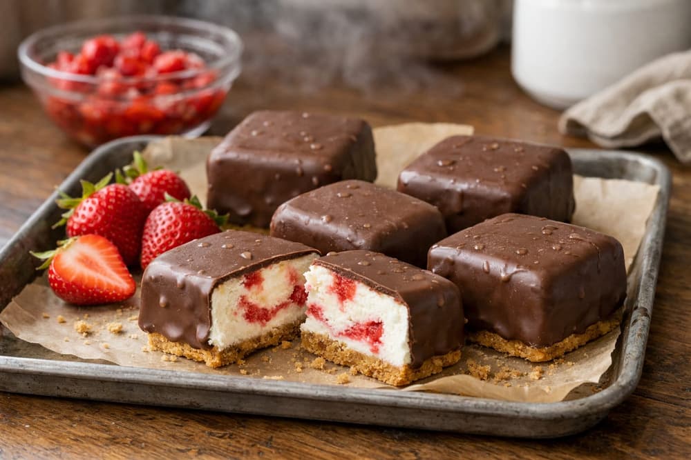 Square ice cream bars in a chocolate shell on a tray, one cut open to show cheesecake ice cream with a strawberry swirl