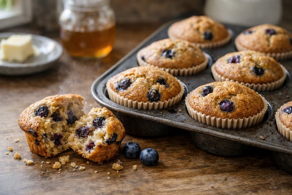 Blueberry muffins in paper liners in a muffin pan, one broken open on the counter beside a few loose blueberries