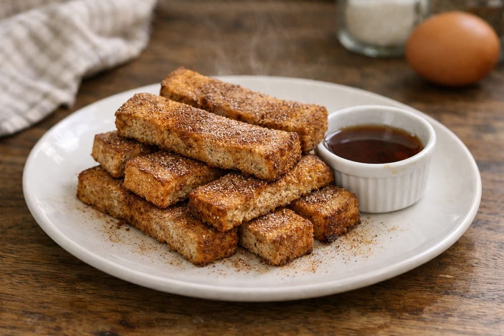 A plate of whole wheat French toast sticks dusted with cinnamon, stacked beside a small ramekin of maple syrup