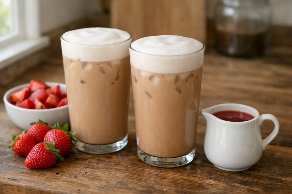 Two glasses of iced strawberry mocha latte with a thick layer of foam, fresh strawberries and a jug of syrup beside