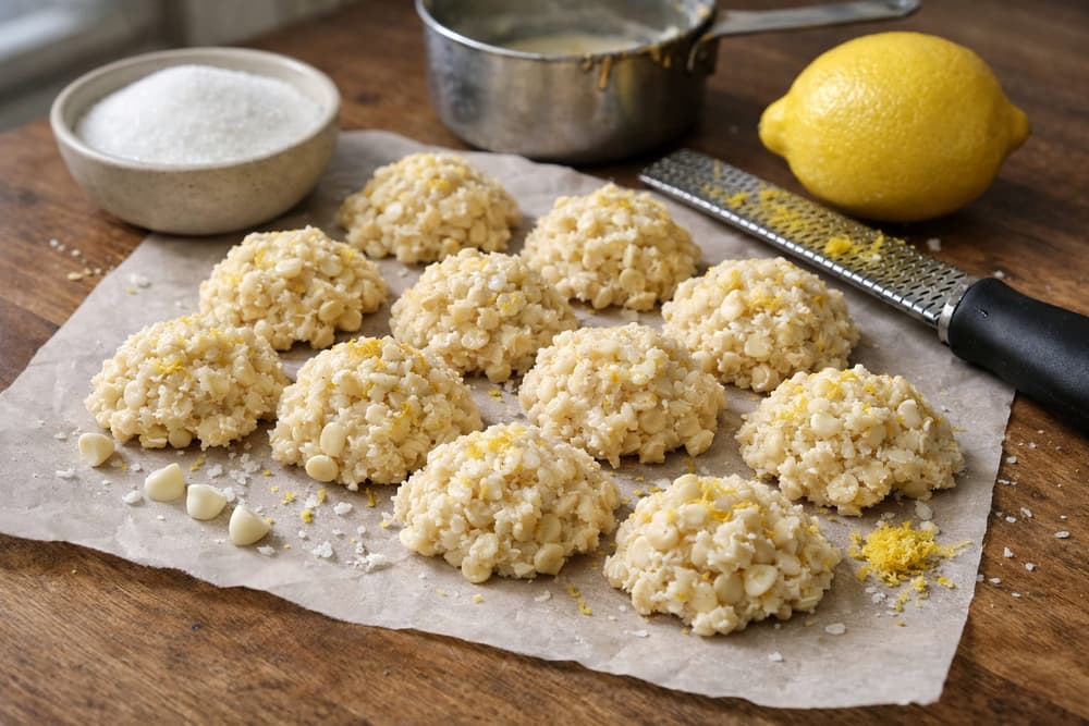 Pale lemon oatmeal no-bake cookies in mounds on parchment paper, a lemon and a zester with lemon zest beside them