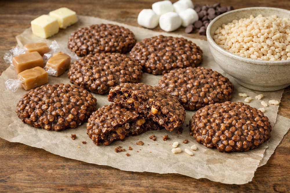 Round chocolate caramel crisp rice cookies on parchment, one broken in half, with caramels and a bowl of rice cereal beside