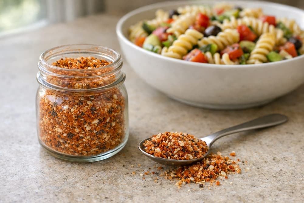 A glass jar of orange-red seasoning with sesame and poppy seeds, a spoonful beside it, a bowl of pasta salad behind