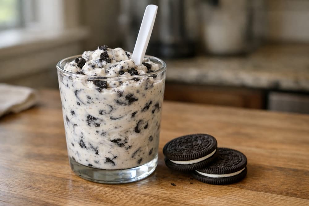 A glass of vanilla soft serve mixed with chocolate cookie pieces, a spoon standing in it and two sandwich cookies beside it