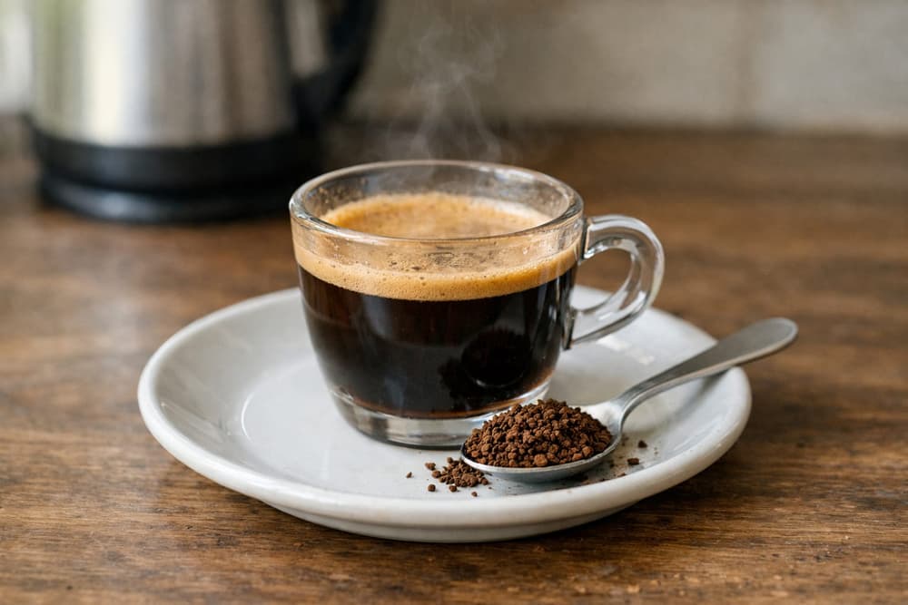 A glass cup of instant espresso with crema on a saucer, a teaspoon of coffee granules beside it, a kettle behind