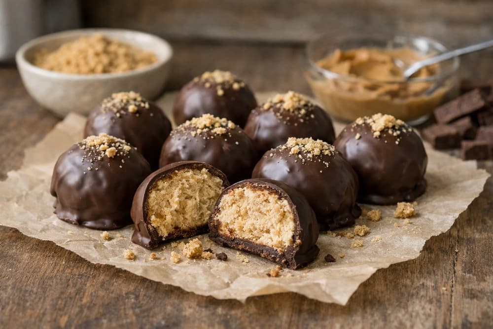 Chocolate-coated peanut butter cheesecake balls topped with graham crumbs on parchment, one cut in half to show the filling