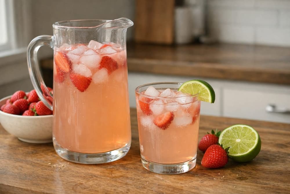 A jug and a glass of pale pink white cranberry strawberry juice over ice, with fresh strawberries and lime beside them