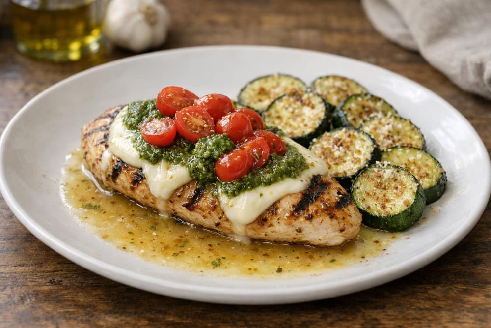 Grilled chicken breast topped with melted mozzarella, pesto and grape tomatoes in a lemon garlic sauce, with roasted zucchini