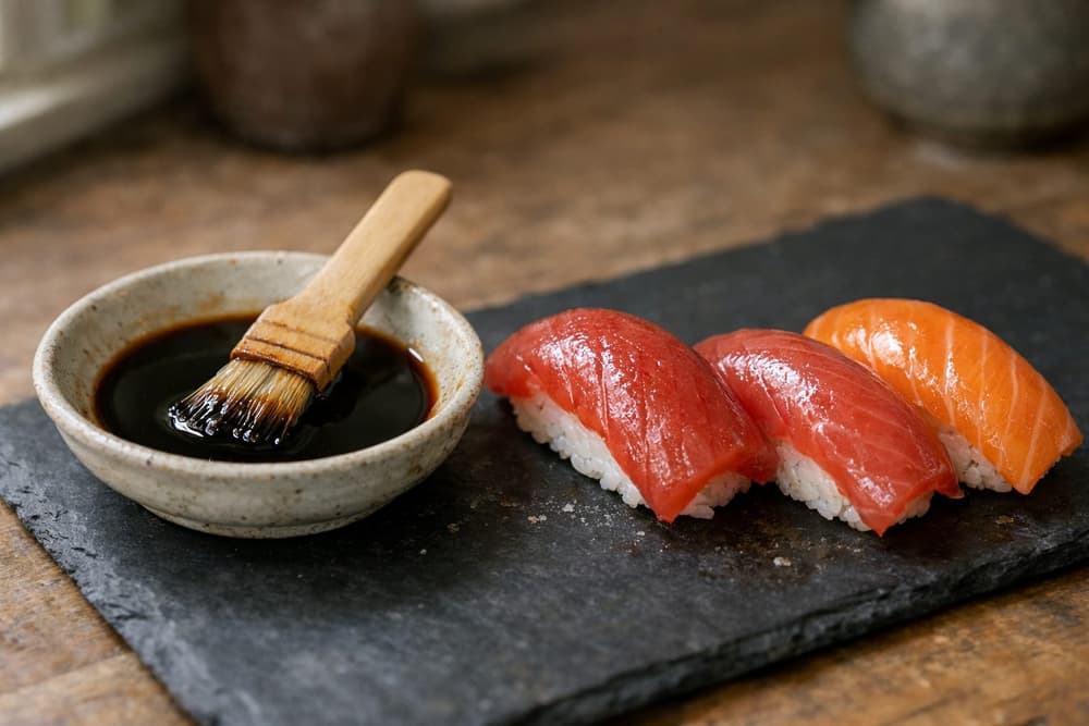 A small dish of dark nikiri glaze with a brush beside three pieces of tuna and salmon nigiri on a slate