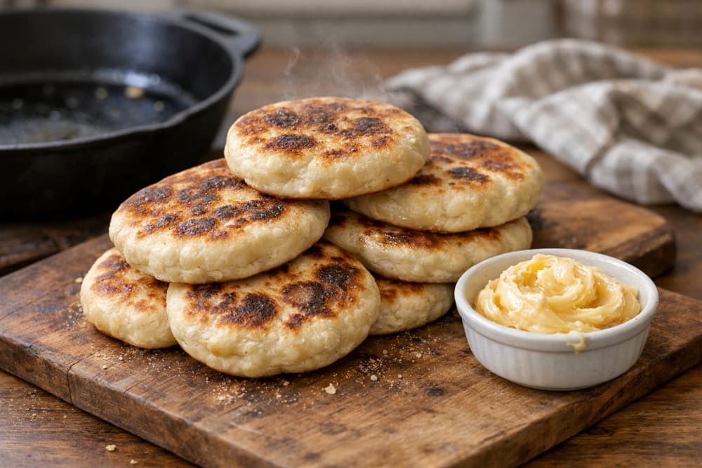 Six pan-fried flatbreads with dark blisters stacked on a wooden board, a ramekin of honey butter and a cast-iron skillet