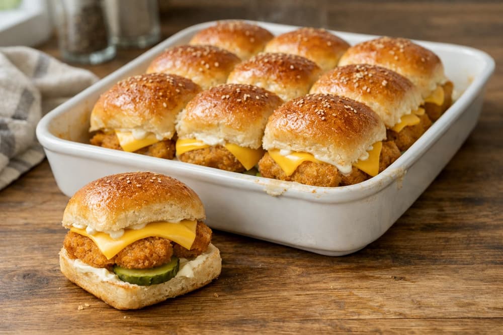 A baking dish of pull-apart sliders filled with chicken nuggets and melted American cheese, one slider set in front