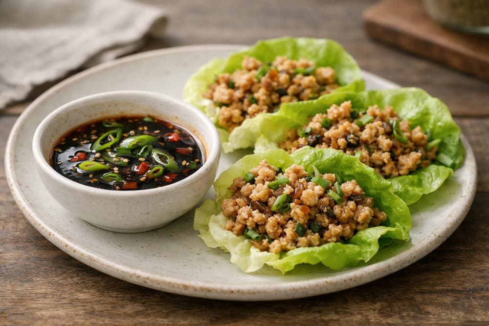 A bowl of dark soy dipping sauce with green onion and red chili beside three lettuce cups filled with minced chicken