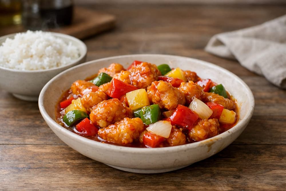 Fried chicken in glossy sweet and sour sauce with pineapple, red and green peppers and onion, a bowl of rice behind
