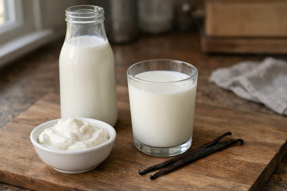 A glass bottle and a glass of white drinkable Greek yogurt beside a bowl of thick yogurt and two vanilla pods