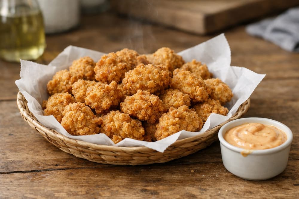 A paper-lined basket of craggy golden fried chicken nuggets with a small cup of dipping sauce beside it