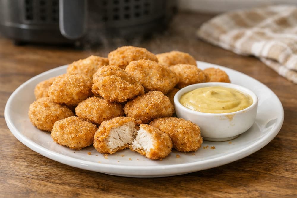 Lightly breaded chicken nuggets on a white plate with a bowl of mustard dip, one nugget broken open to show white meat
