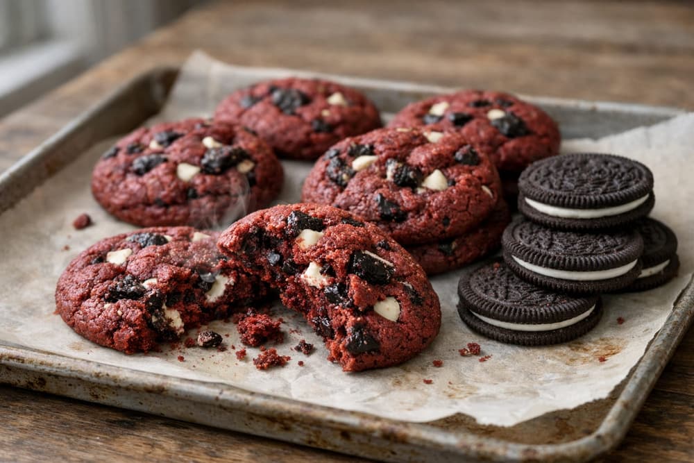 Red velvet cookies with chunks of chocolate sandwich cookie on a baking sheet, one broken open, whole sandwich cookies beside