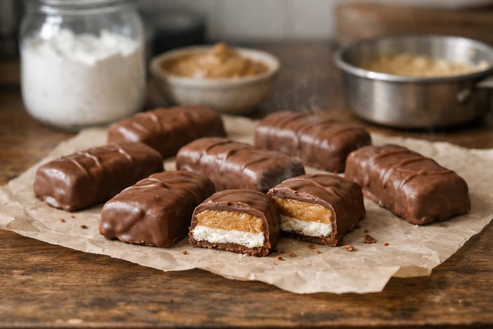 Chocolate-coated candy bars on parchment, one cut open to show a white nougat layer under a peanut butter layer