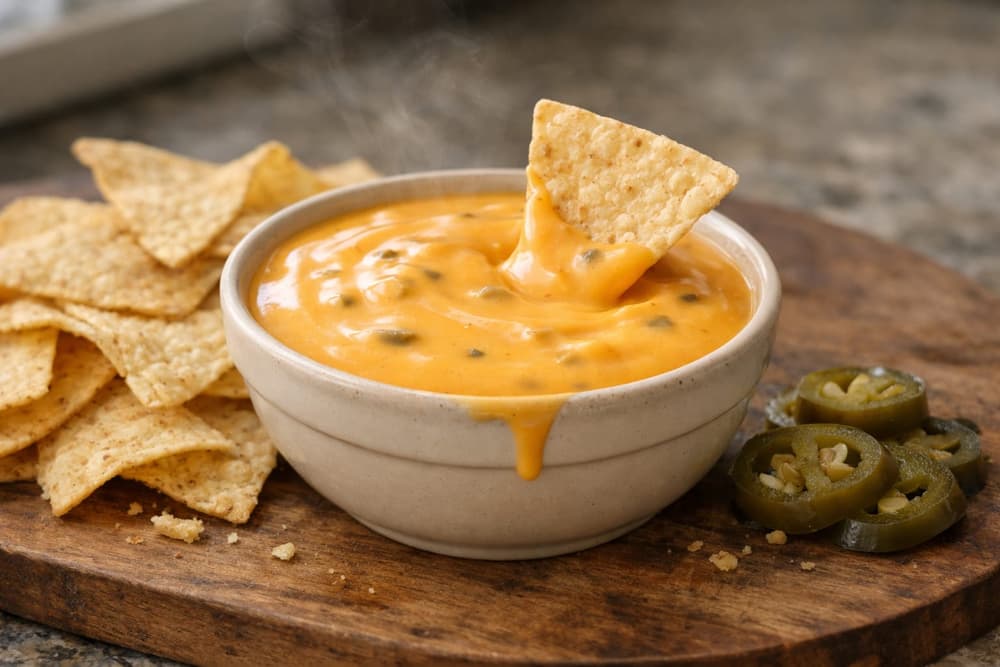 A bowl of orange nacho cheese sauce with a tortilla chip dipped in it, tortilla chips and pickled jalapeño slices around