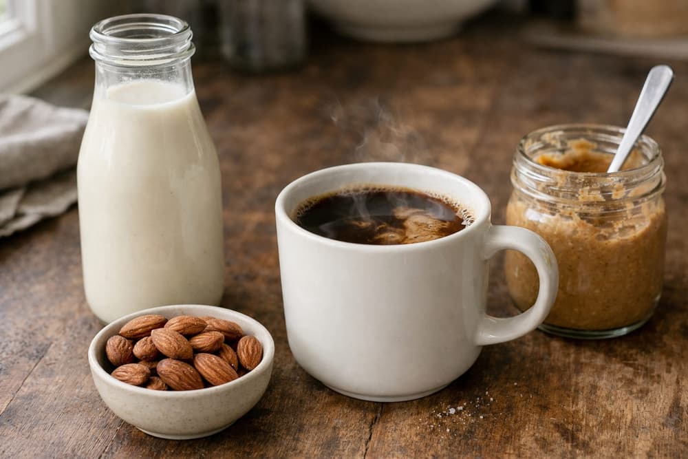 A glass bottle of white almond creamer beside a cup of coffee, a bowl of almonds and a jar of almond butter