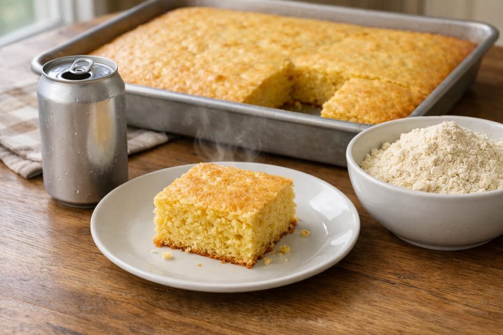 A pan of yellow soda cake with one square served on a plate, a plain soda can and a bowl of dry cake mix beside it