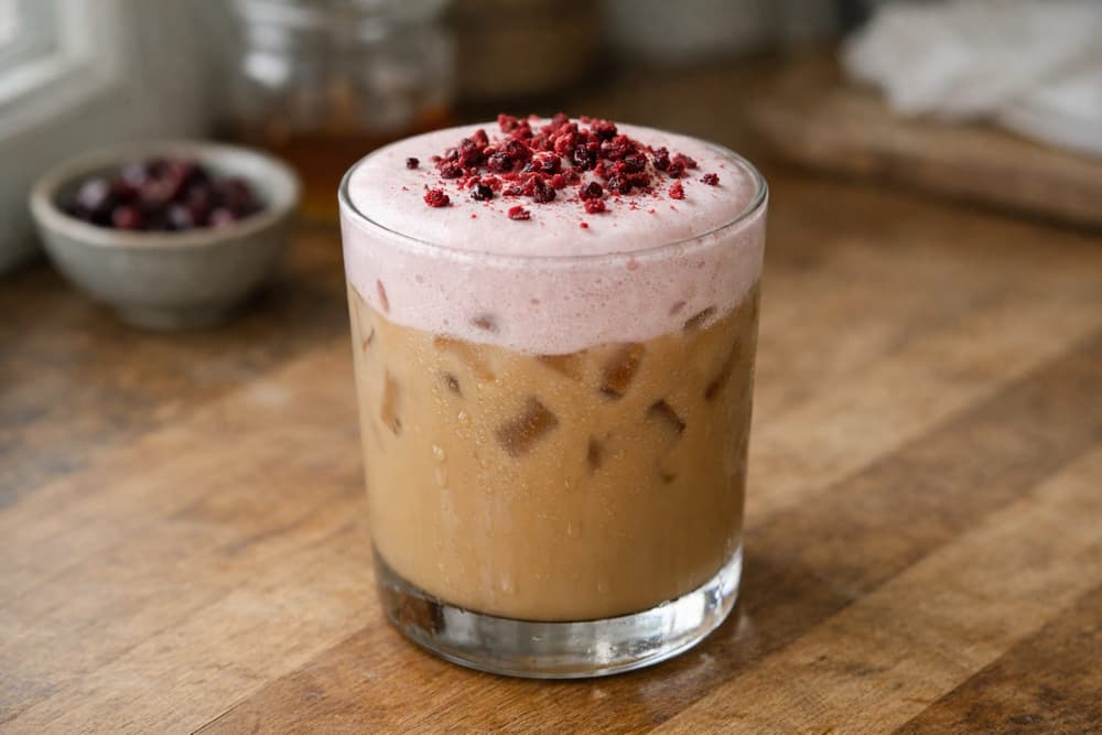 A glass of iced chai topped with a thick layer of pale pink cold foam and crushed freeze-dried cherries