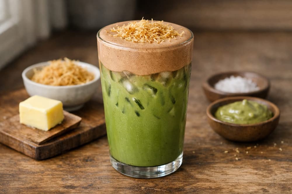 A glass of iced matcha latte topped with chocolate cold foam and toasted kataifi, pistachio cream and butter beside it
