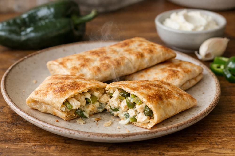 Toasted lavash pockets on a plate, one cut open to show chicken, green peppers and melted cheese, a poblano behind