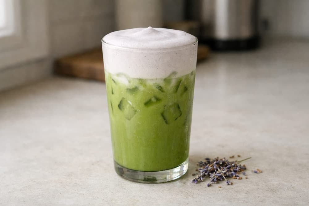 A tall glass of iced matcha latte topped with a thick layer of pale lilac cold foam, dried lavender buds beside the glass