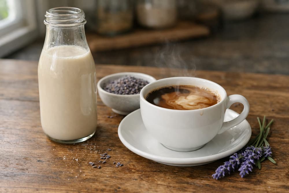 A glass bottle of pale beige lavender oat milk creamer beside a cup of coffee, a bowl of dried lavender and a lavender sprig