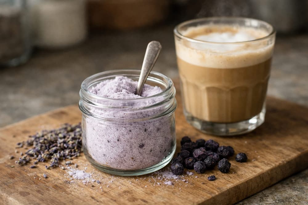 A jar of pale purple lavender powder with a spoon, dried lavender and freeze-dried blueberries beside it, a latte behind