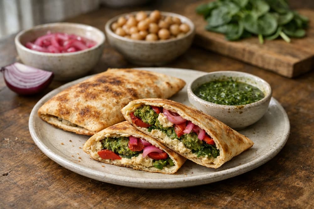 Toasted lavash pockets cut open to show green falafel, hummus, roasted red pepper and pickled onion, herb sauce beside
