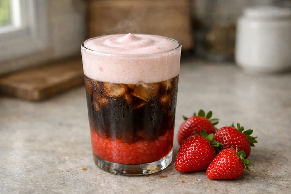 A glass of iced cold brew with strawberry puree at the bottom and thick pink cold foam on top, strawberries beside it