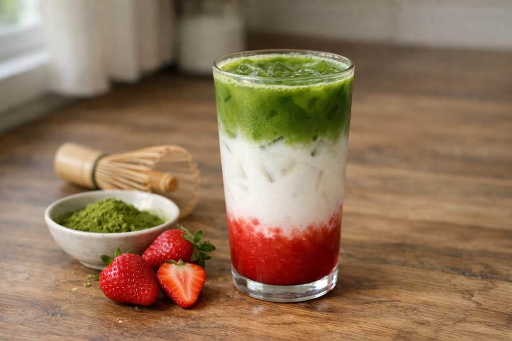 An iced strawberry matcha latte in three layers of strawberry purée, milk and green matcha, a bamboo whisk beside it